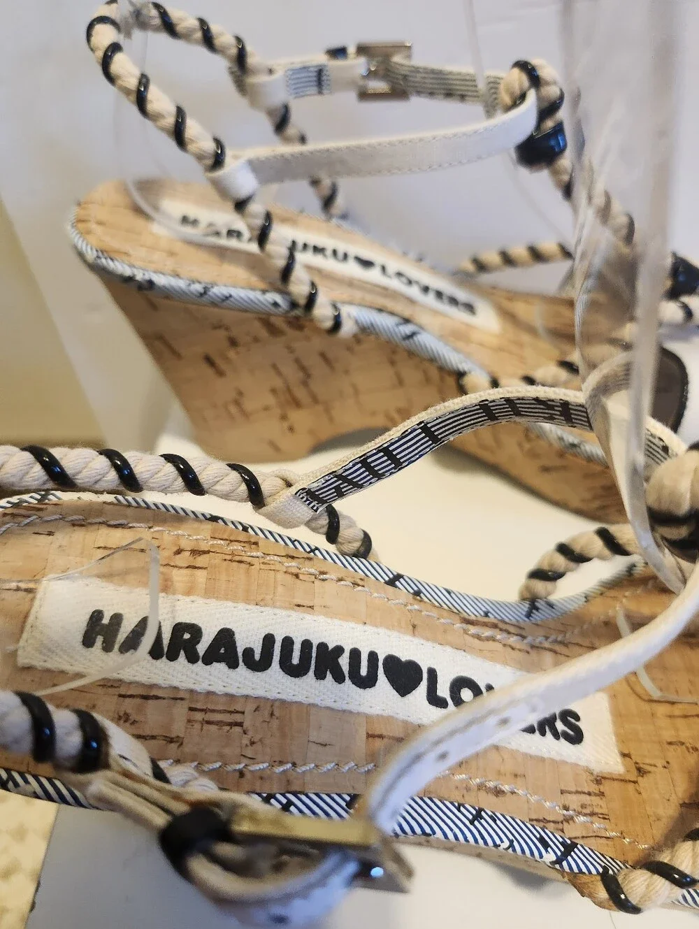 NEW Rare Y2K Harajuku Lovers Rope Strap Cork Platform Sandals Heels Sz. 7.5